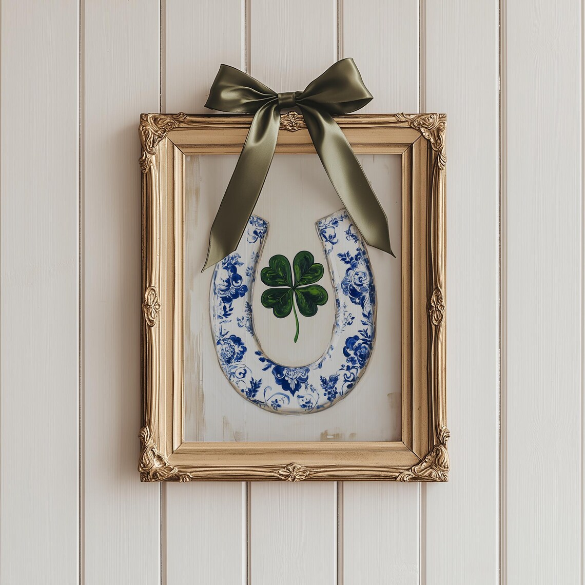 Blue Delft Porcelain Horseshoe Four Leaf Clover Good Luck Print - Image 2