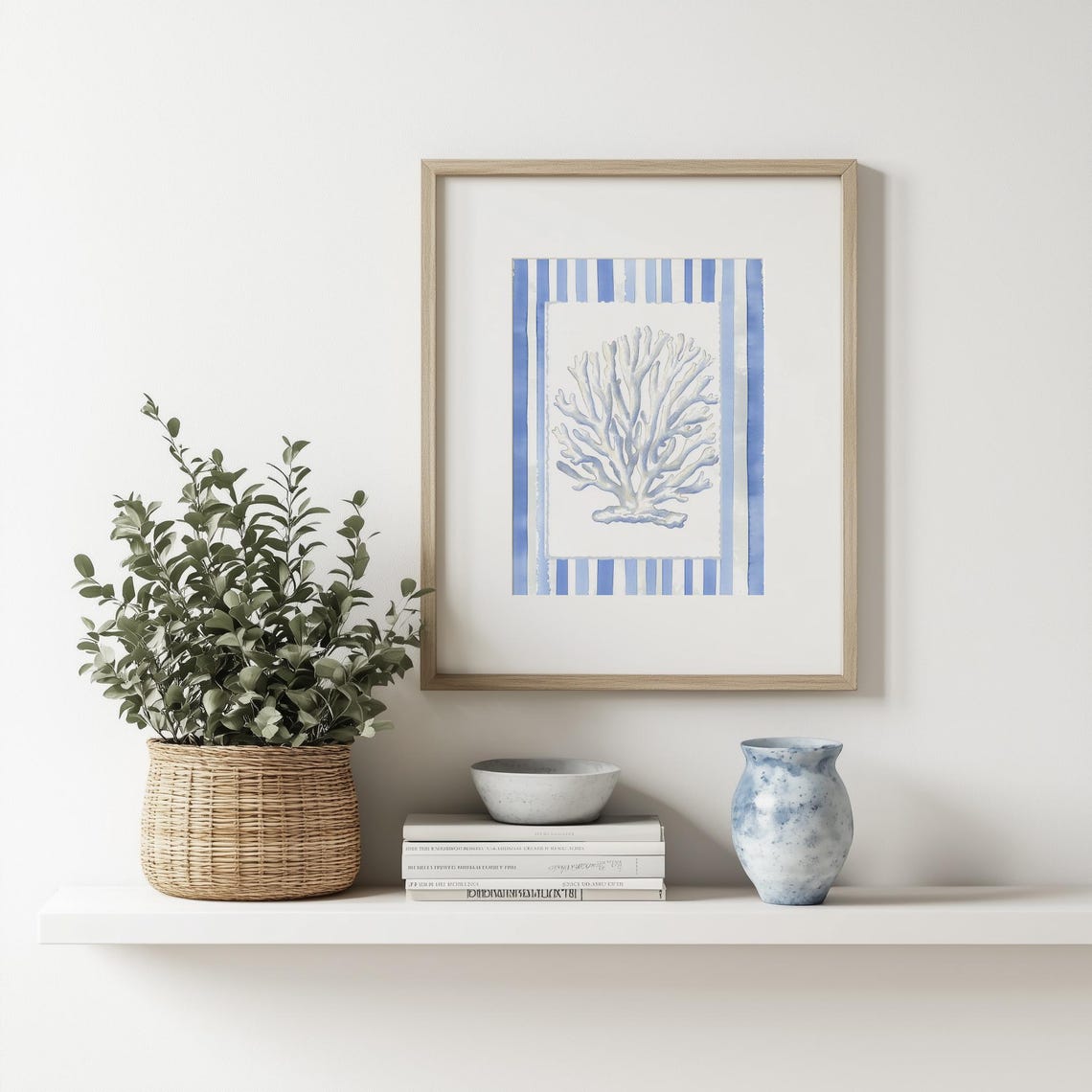 Delicate White Coral Blue Stripes Coastal Beach Decor Poster - Image 3