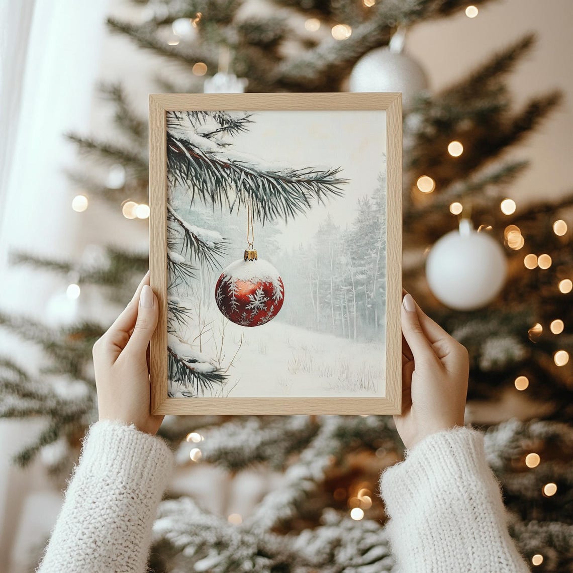 Red Glass Bauble Snowy Pine Branch Frosted Forest Winter Scene Poster - Image 4