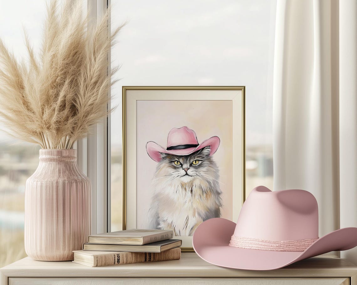 Fluffy Cat Wearing Pink Cowboy Hat Funny Western Girly Decor Poster - Image 5