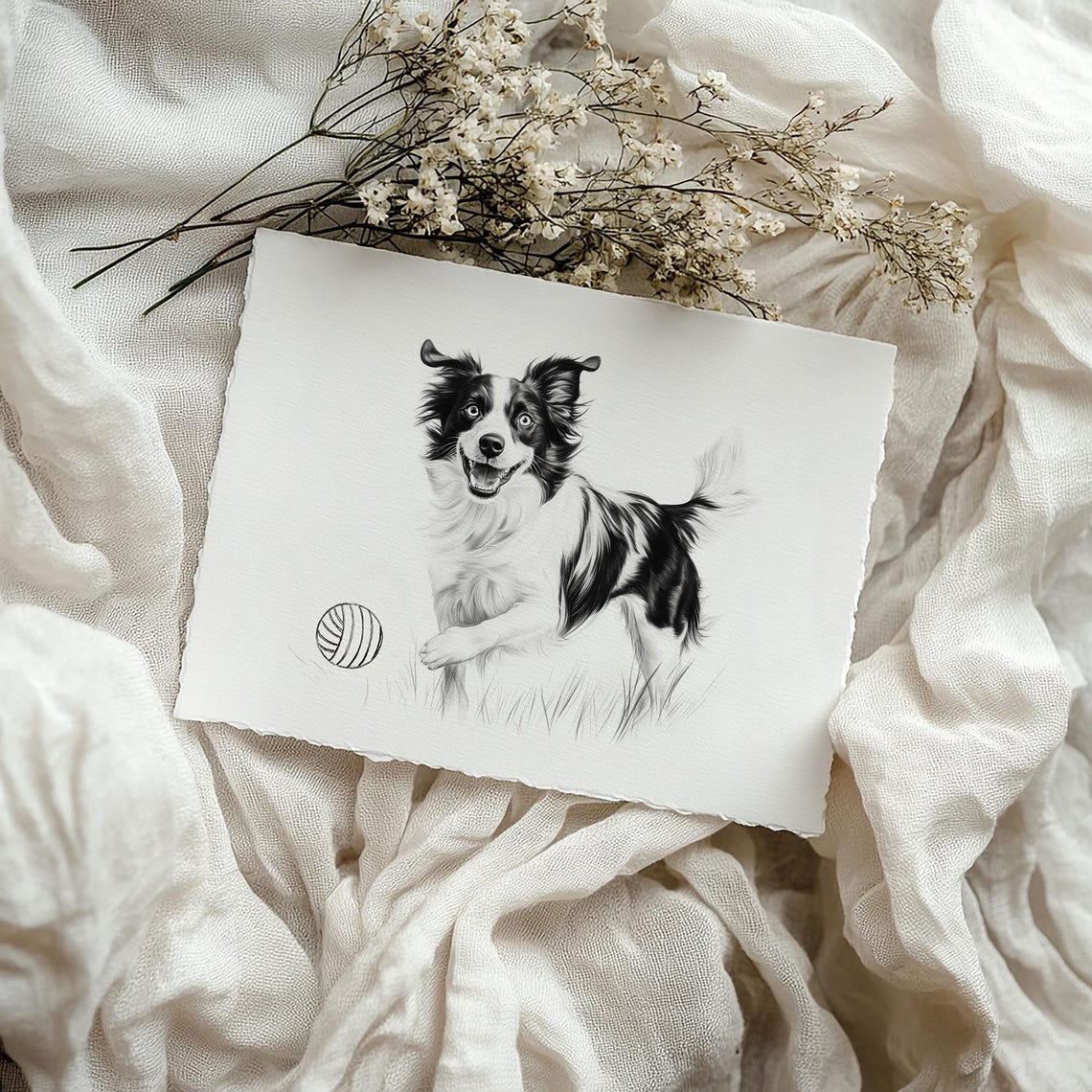 Playful Dog Sketch Black White Ink Drawing Happy Pup Ball Poster - Image 3