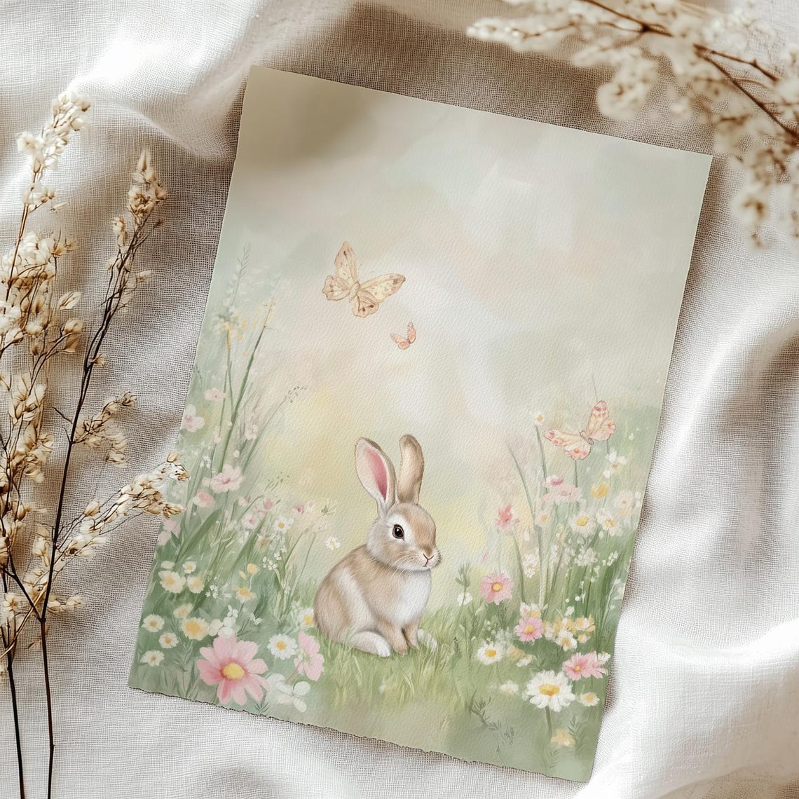 Baby Bunny in Wildflower Meadow with Butterflies Soft Nursery Print - Image 3