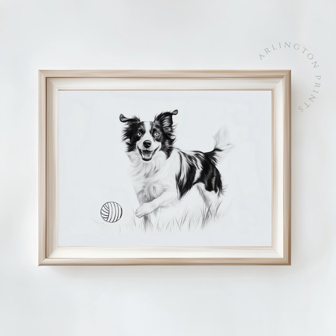 Playful Dog Sketch Black White Ink Drawing Happy Pup Ball Poster
