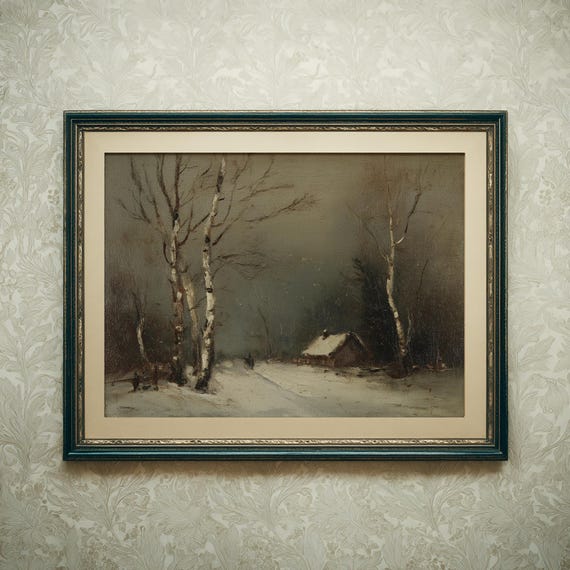 Rustic Winter Wall Art Vintage Snowy Cabin Painting Moody Landscape With Birch Trees Artwork Dc32