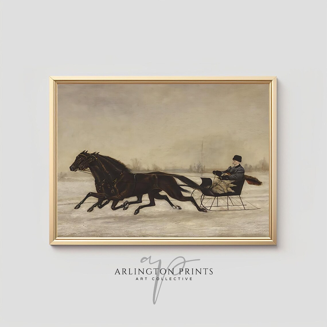 Vintage Horse Drawn Sleigh Ride Rustic Christmas Painting Poster