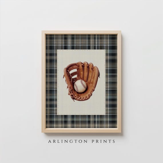 Baseball Glove Nursery Rustic Plaid Boys Room Wall Art Sports Theme Neutral Decor Dc94