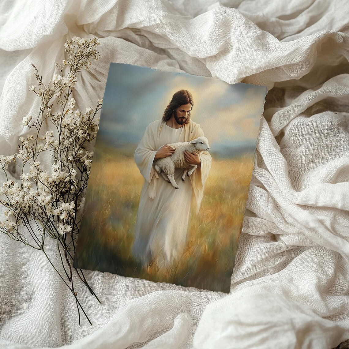 Jesus Christ Holding Lamb Golden Wheat Field Faith Art Print - Image 3