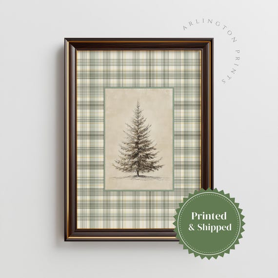 Vintage Winter Fir Tree Wall Art Unframed Rustic Plaid Gicle Print R76