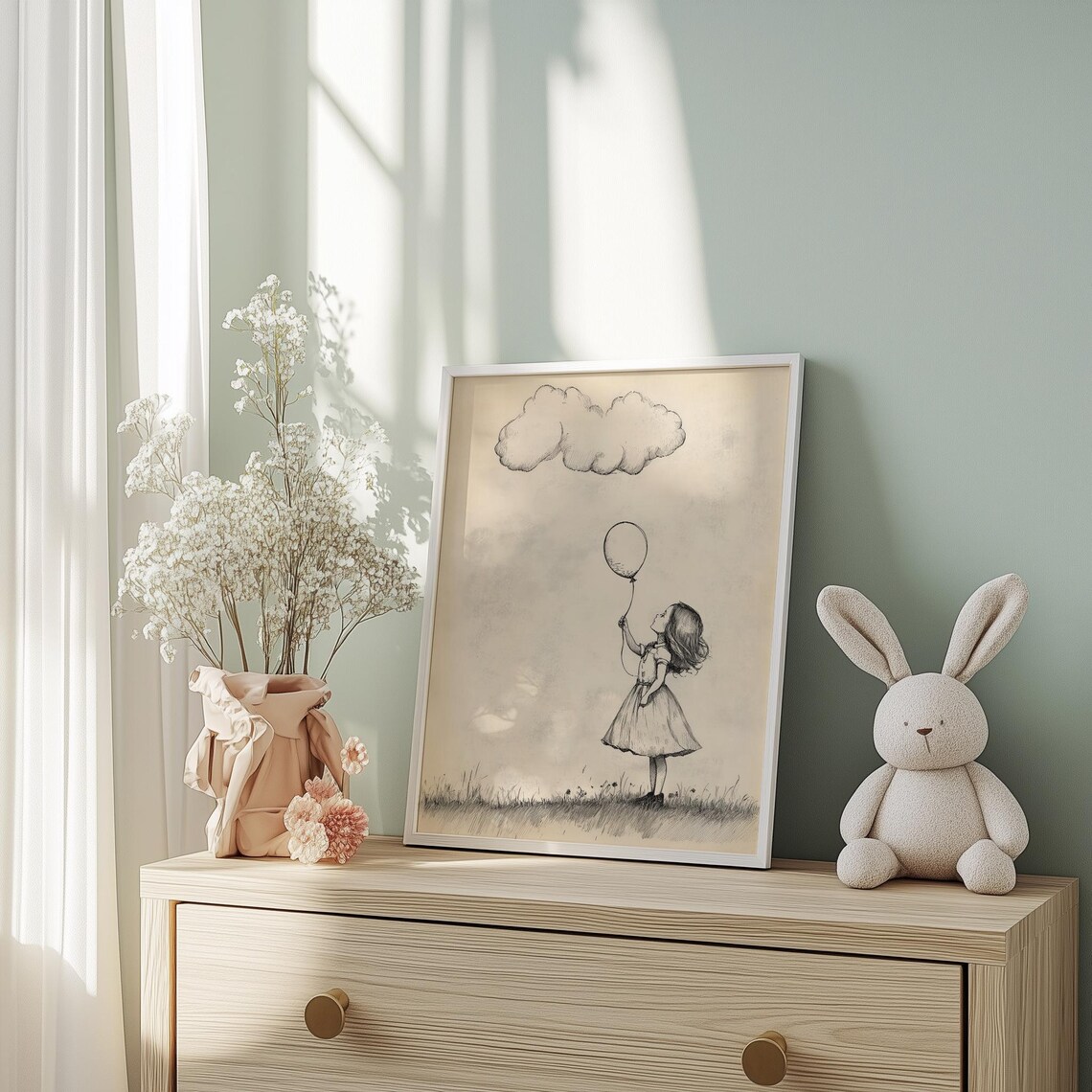 Little Girl Holding Balloon Under Cloud Vintage Sketch Nursery Poster - Image 2