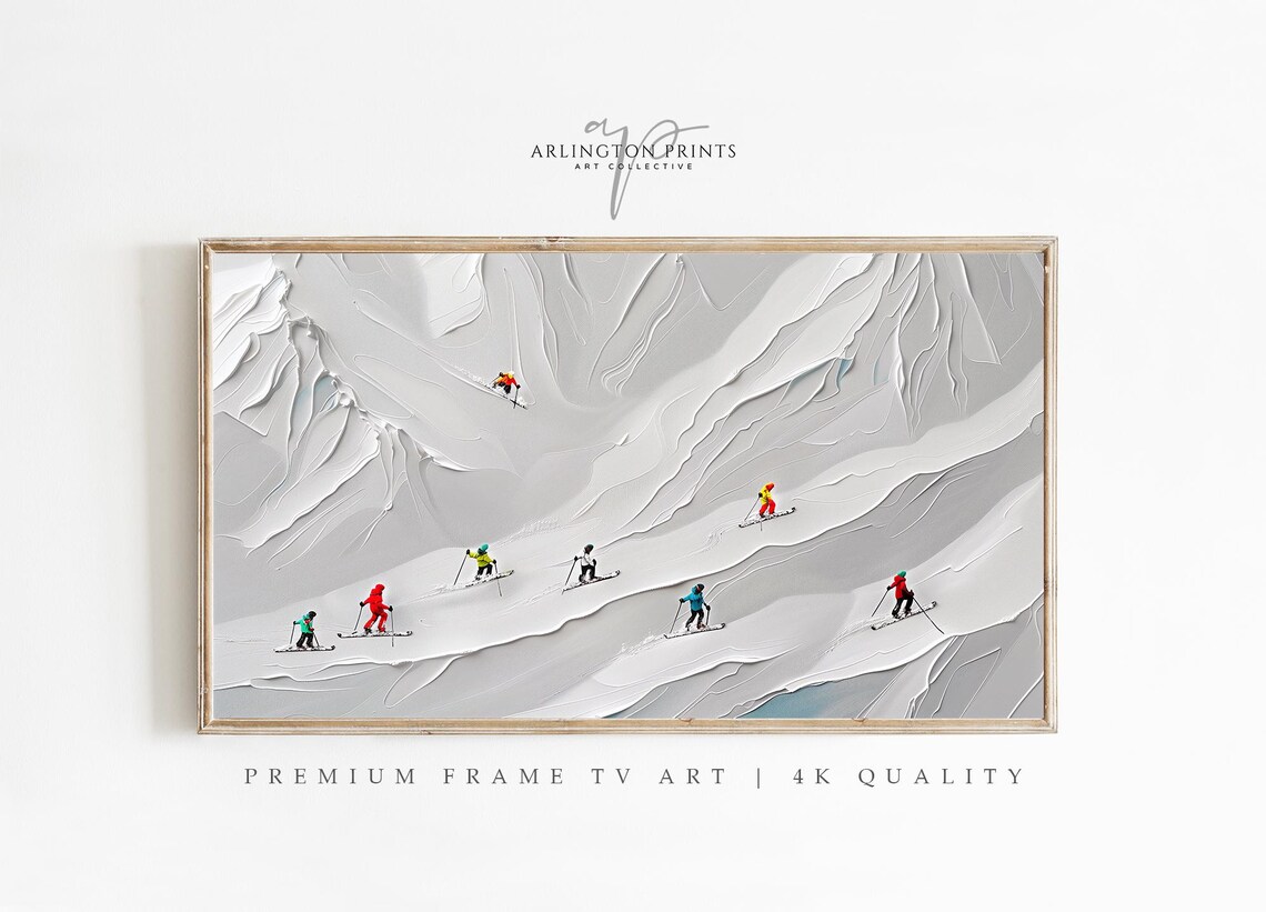 Vintage Skiers Snowy Mountain Textured Winter Sports Art Print