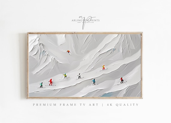 Vintage Skiers Snowy Mountain Textured Winter Sports Art Print