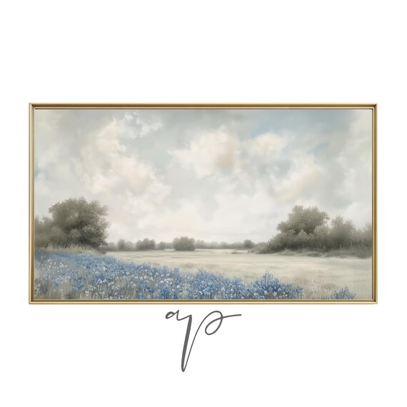 Blue Wildflower Field Panoramic Landscape Misty Sky Art Print