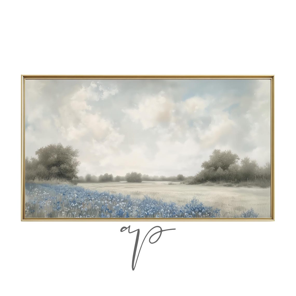 Blue Wildflower Field Panoramic Landscape Misty Sky Art Print