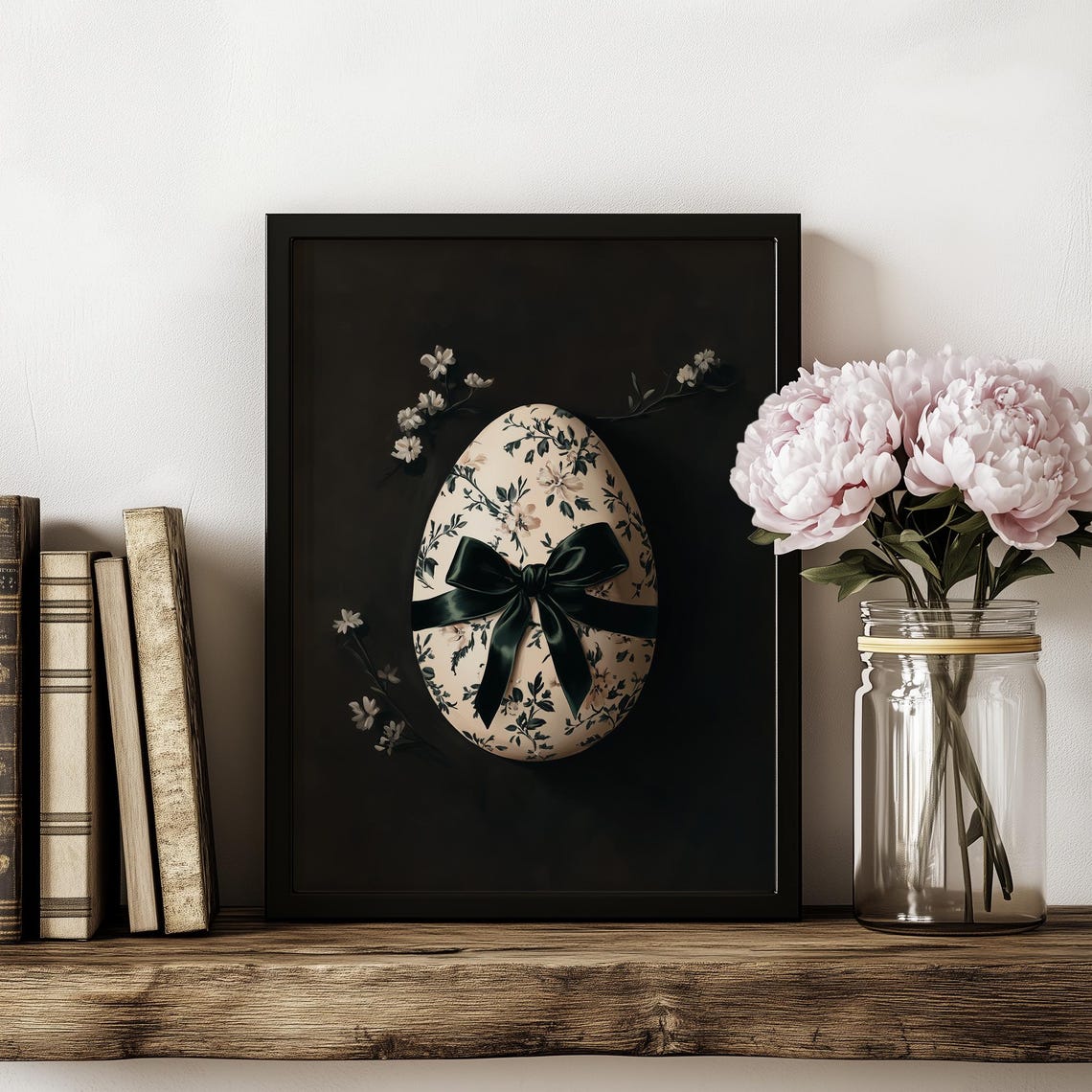 Black Botanical Easter Egg Ribbon Moody Dark Elegant Art Print - Image 4