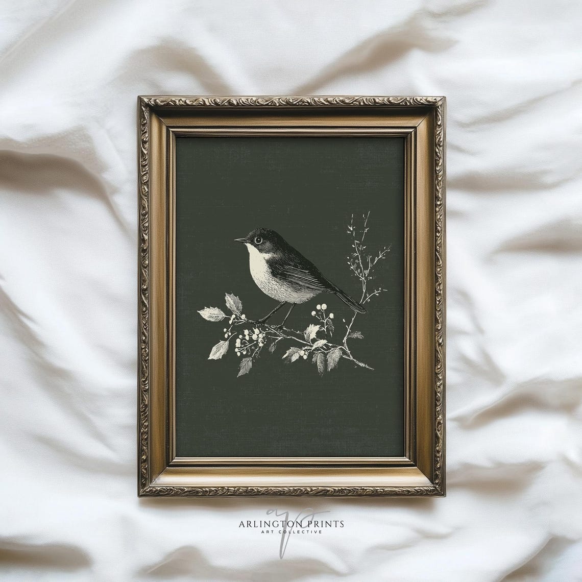 Vintage Bird Engraving Botanical Branch White Ink Art Poster