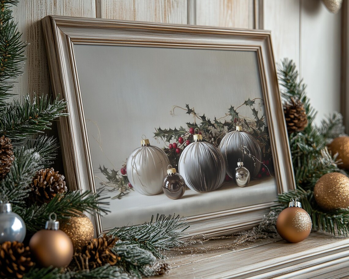 Gray Silver Christmas Baubles Holly Moody Elegant Holiday Wall Print - Image 3