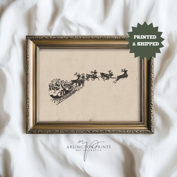 Antique Santa and Reindeer Sleigh, Traditional Christmas Art Print