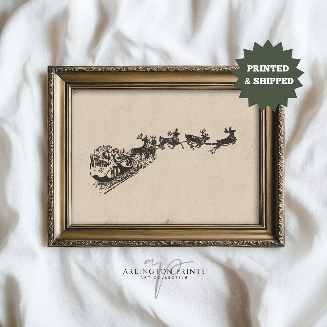 Antique Santa and Reindeer Sleigh, Traditional Christmas Art Print