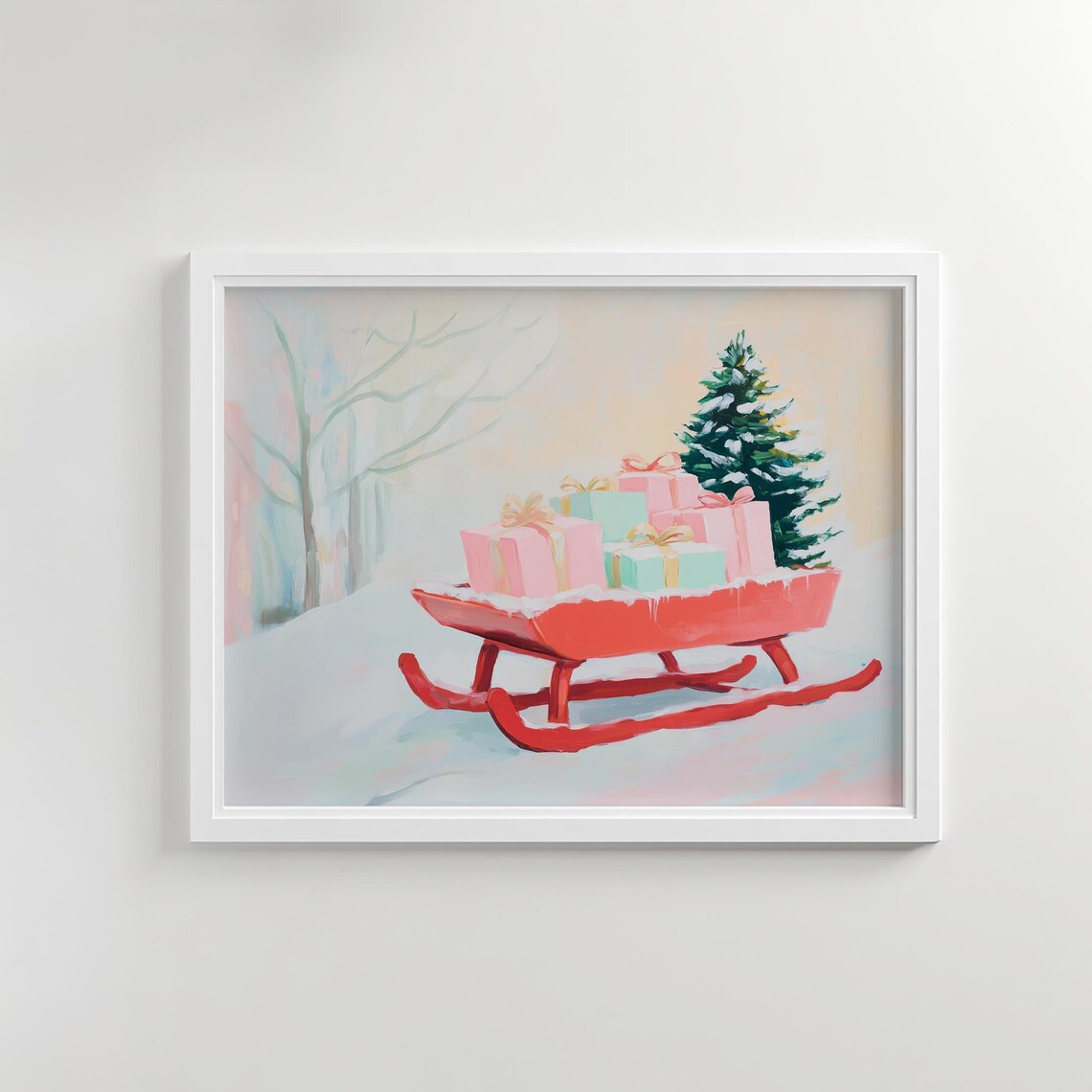 Pink Pastel Sleigh With Gifts Snowy Christmas Watercolor Art Poster