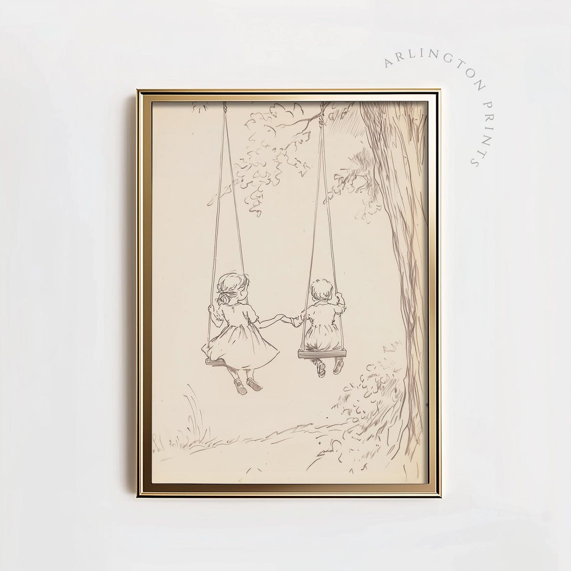 Kids Swinging Drawing, Vintage Style Nursery Art