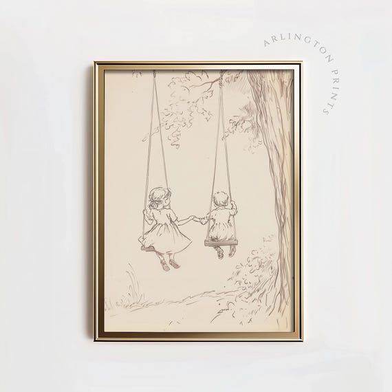 Kids Swinging Drawing, Vintage Style Nursery Art
