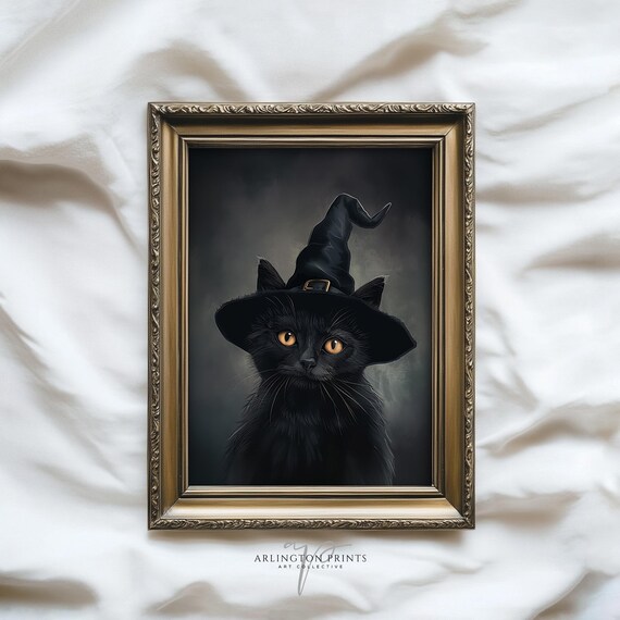 Black Cat Witch Wall Art Spooky Halloween Artwork Rustic Gothic 5059
