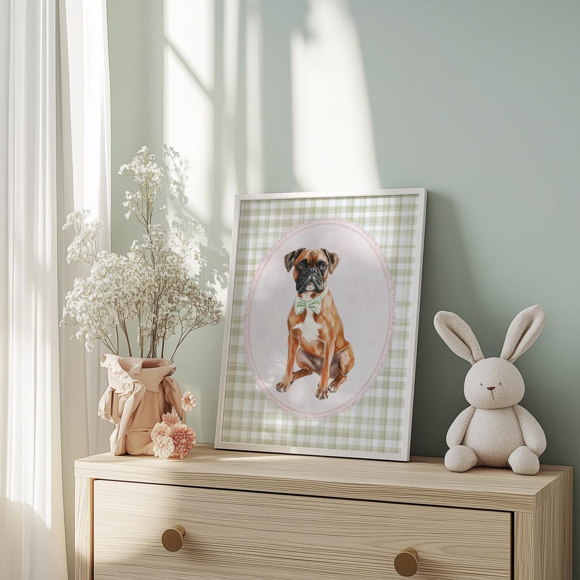 Boxer Dog with Mint Green Bow Tie Gingham Puppy Nursery Decor Poster - Image 2