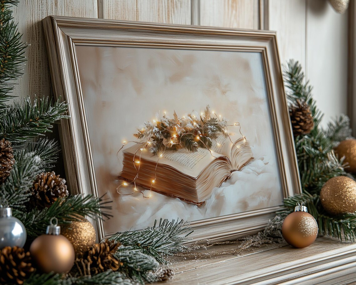 Open Vintage Book Fairy Lights Frosted Greenery Cozy Winter Poster - Image 3