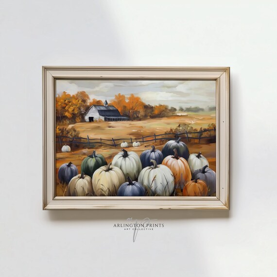 Rustic Country Pumpkin Patch Painting Vintage Fall Decor Moody Neutral Autumn Home Oil 328