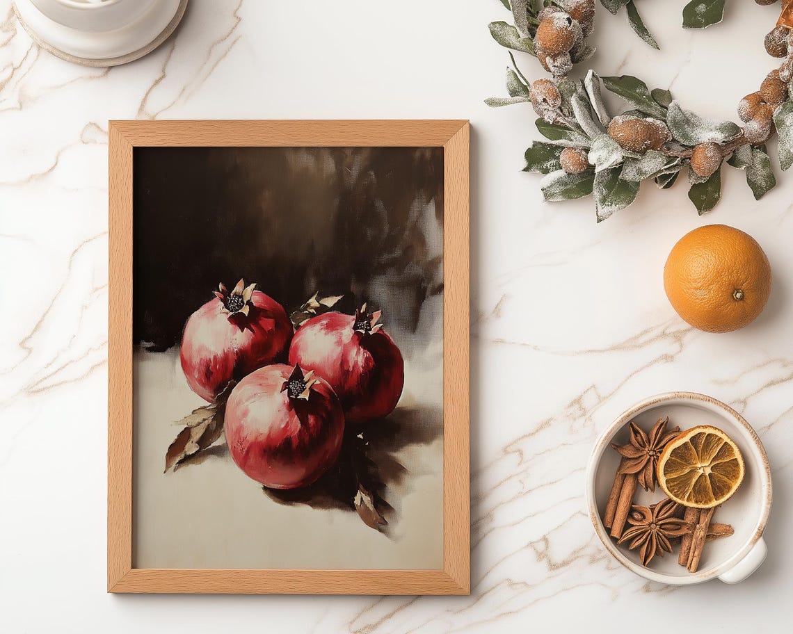 Vintage Pomegranate Still Life Rustic Fruit Kitchen Painting Poster - Image 3
