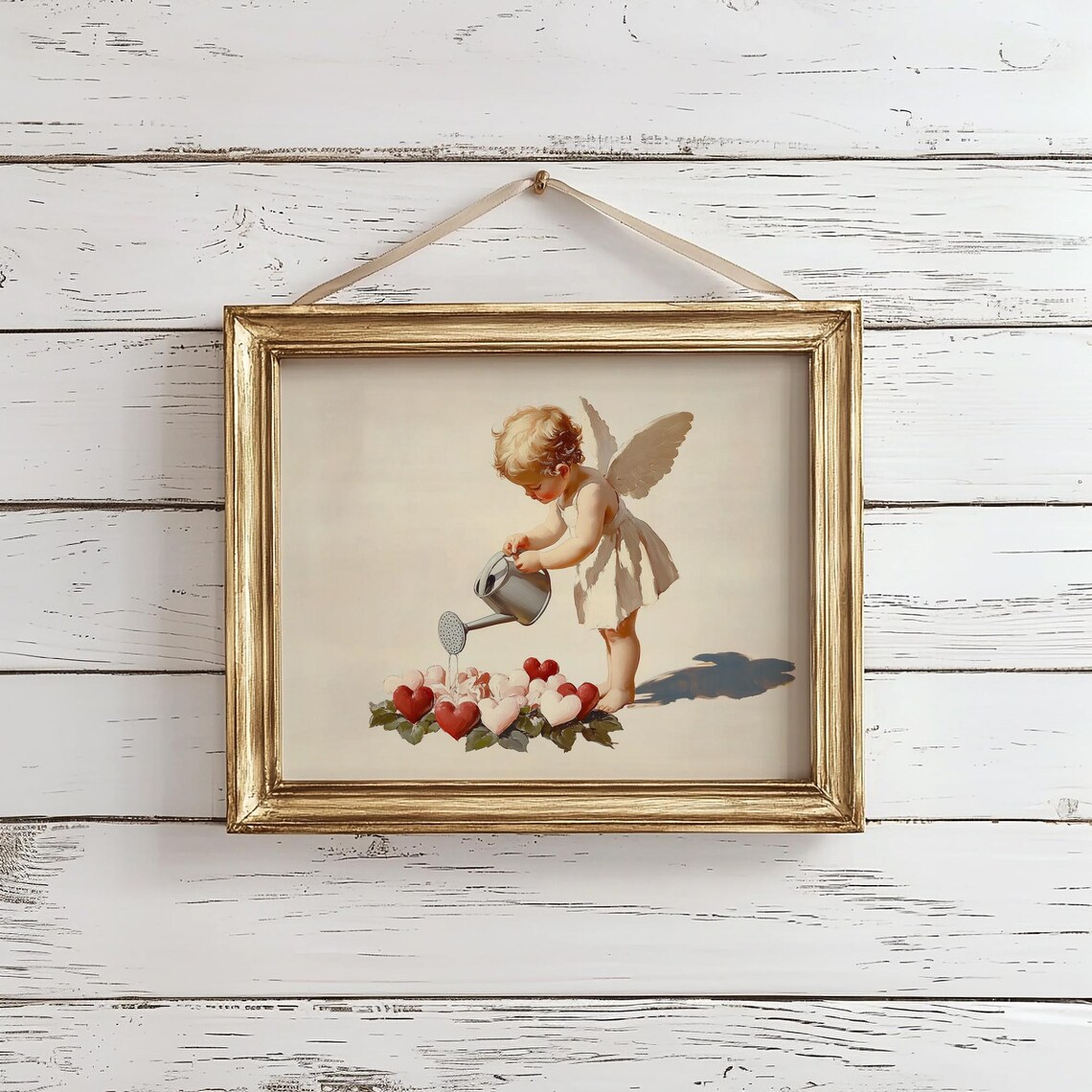 Cherub Watering Heart Flowers Vintage Romantic Valentine Art Poster - Image 2