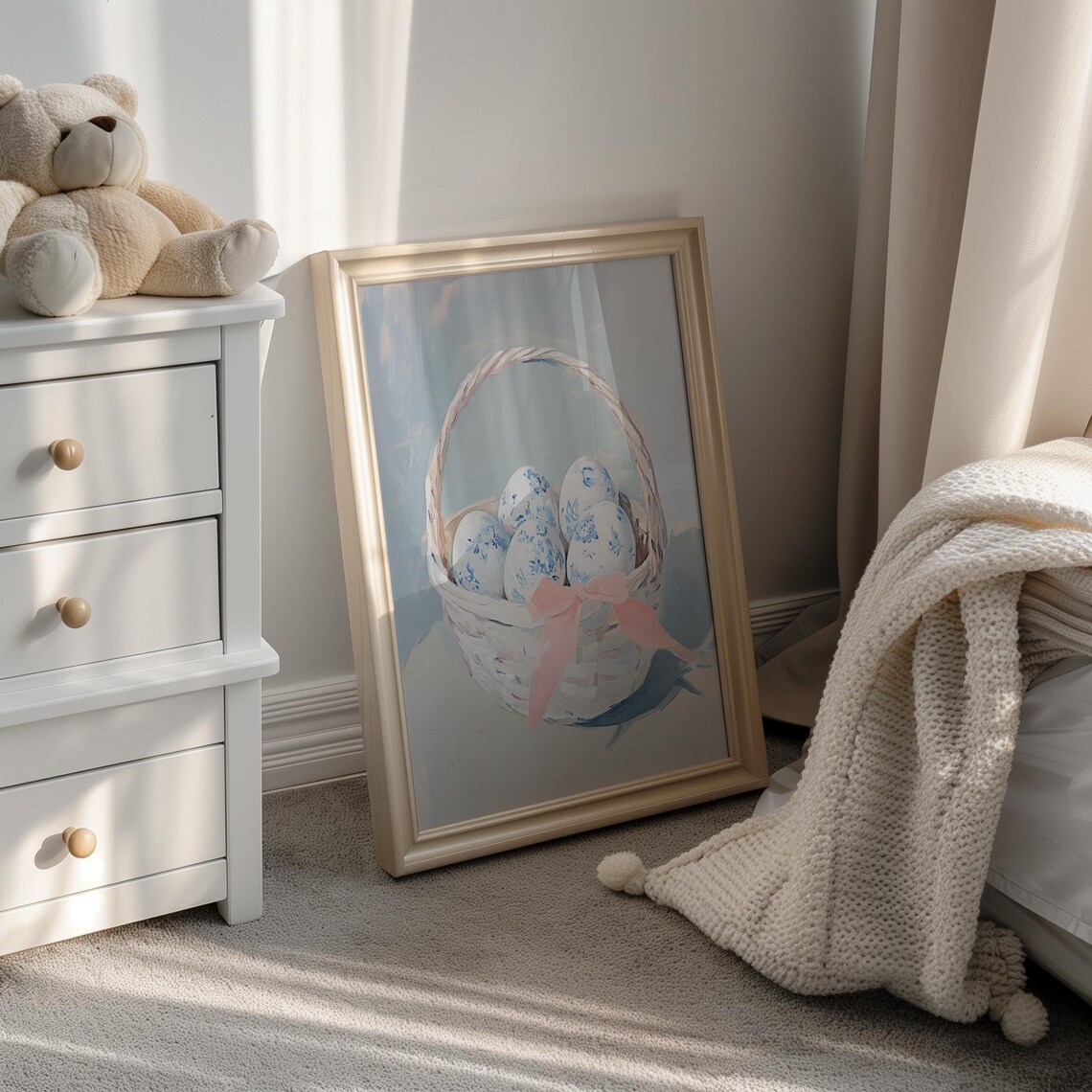 Blue Floral Easter Eggs White Basket Pink Bow Oil Art Poster - Image 2