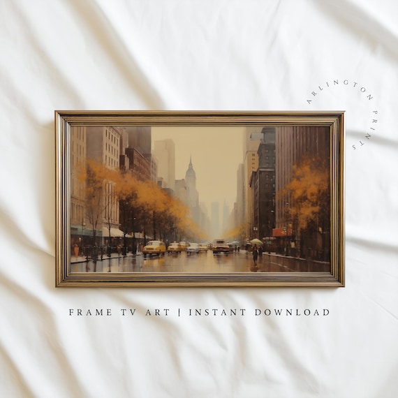 Vintage New York Frame Tv Art Moody Cityscape Oil Painting Nyc For