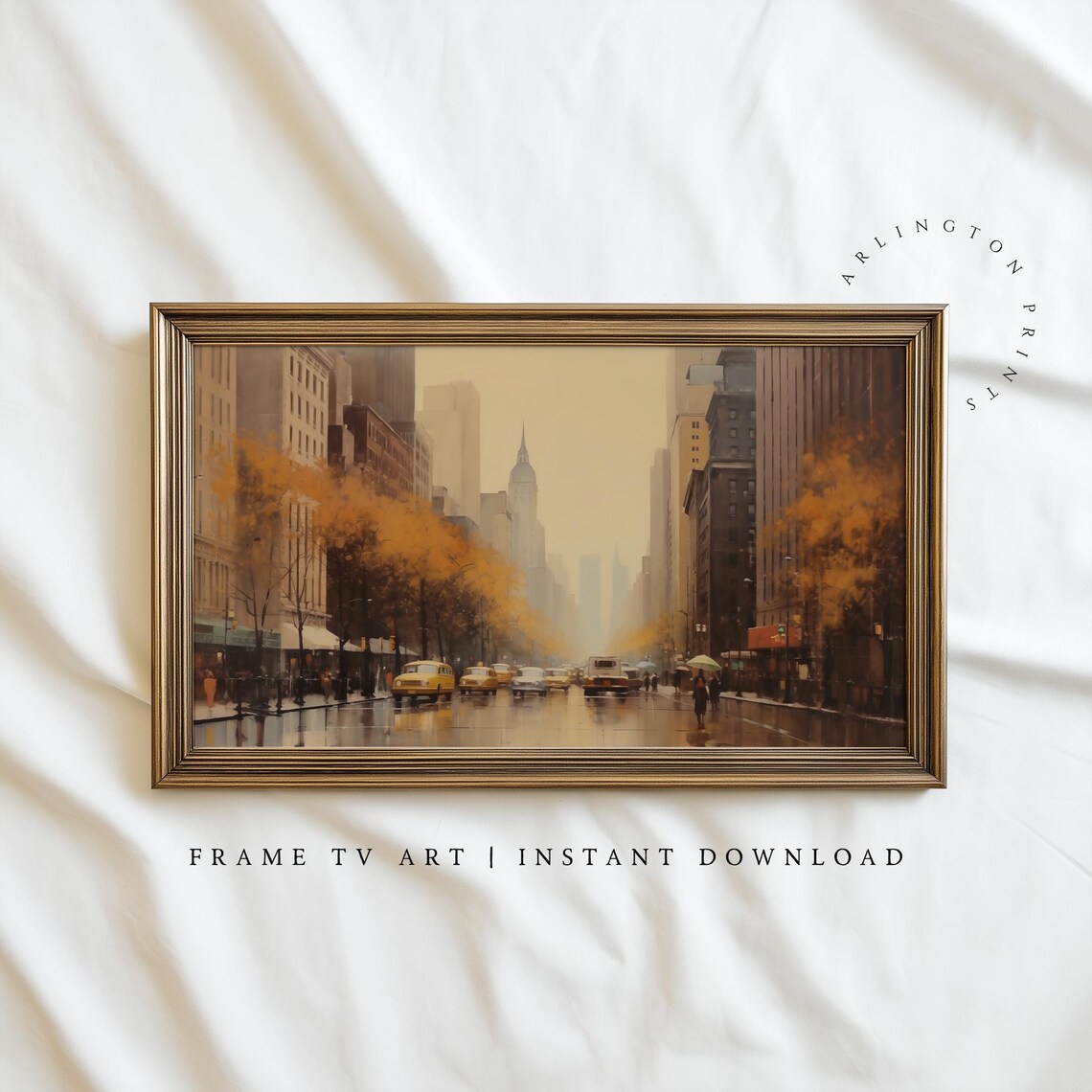 Rainy New York Street Yellow Cabs Autumn Cityscape Art Poster