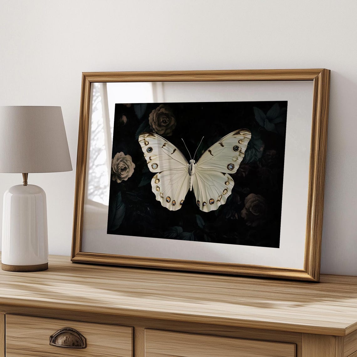 White Butterfly on Dark Florals Moody Botanical Insect Art Poster - Image 4
