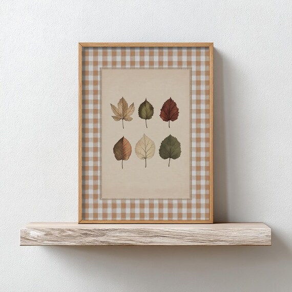 Fall Leaves Plaid Print Cozy Autumn Botanical Art Orange Gingham Wall Decor Rustic Leaf Poster 12094