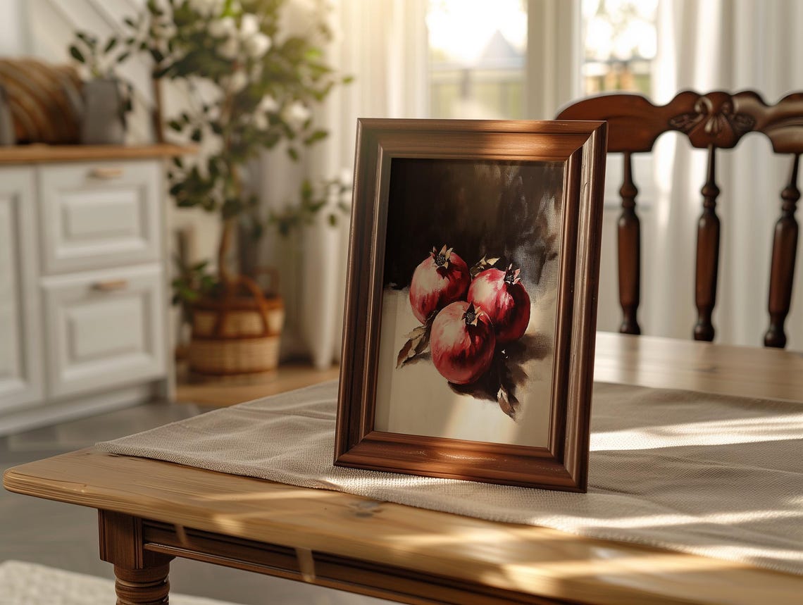Vintage Pomegranate Still Life Rustic Fruit Kitchen Painting Poster - Image 2