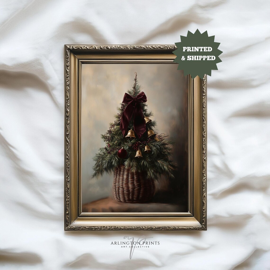 Vintage Moody Christmas Tree With Burgundy Bow Gold Bells Poster