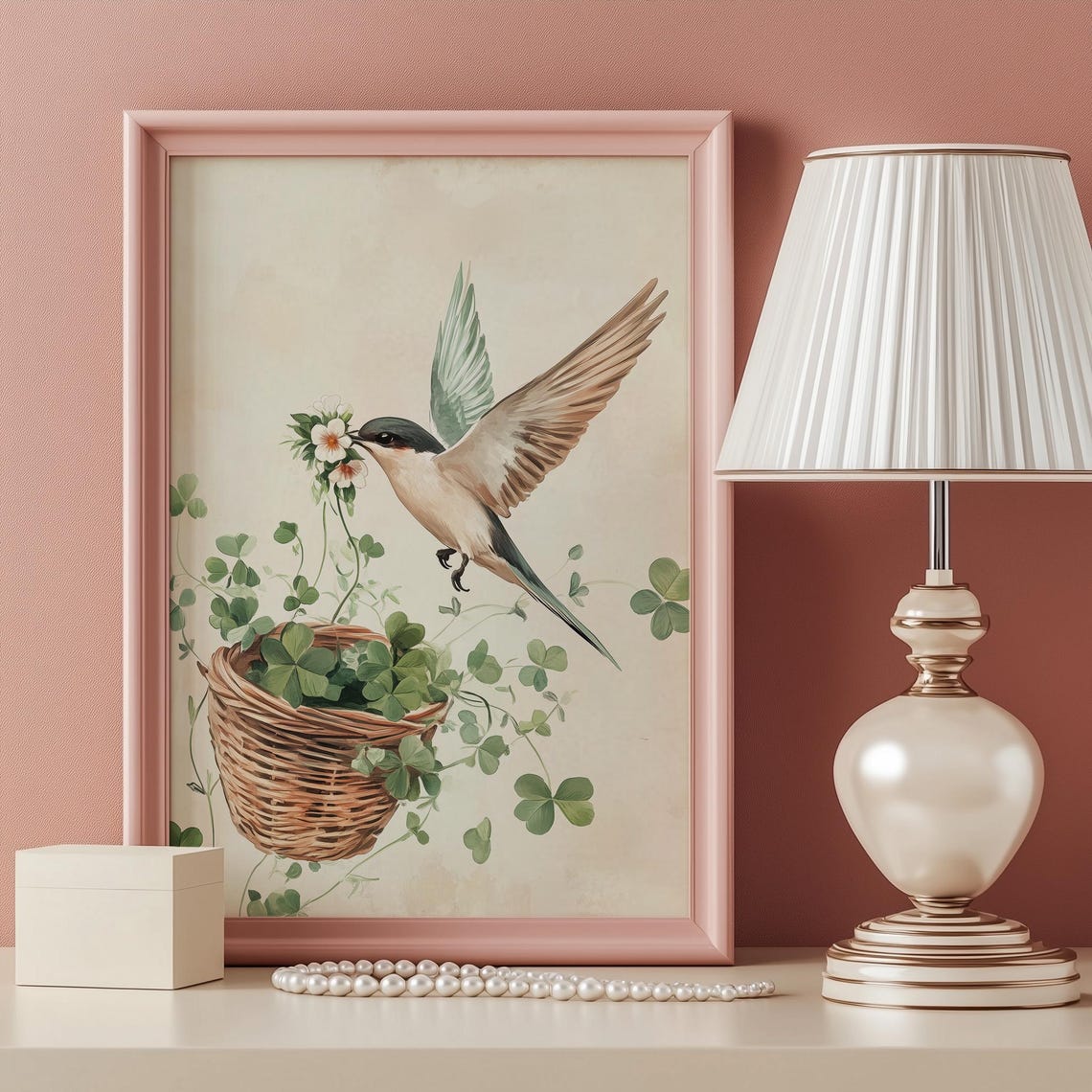 Swallow Bird Flower Clover Basket Watercolor Spring Nature Print - Image 2