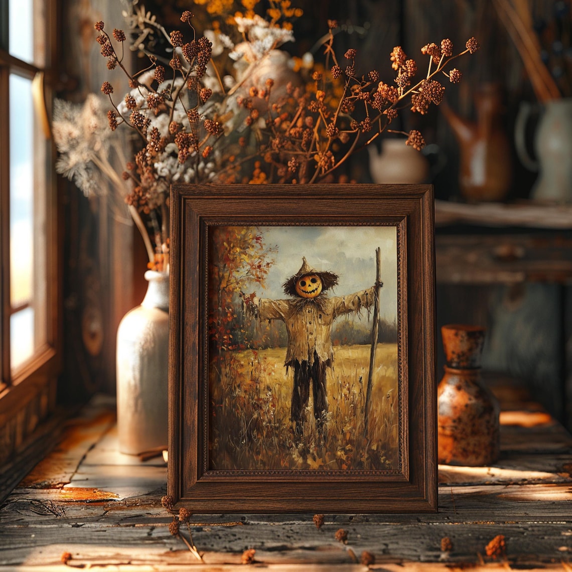 Vintage Fall Scarecrow Halloween Poster, Rustic Decor