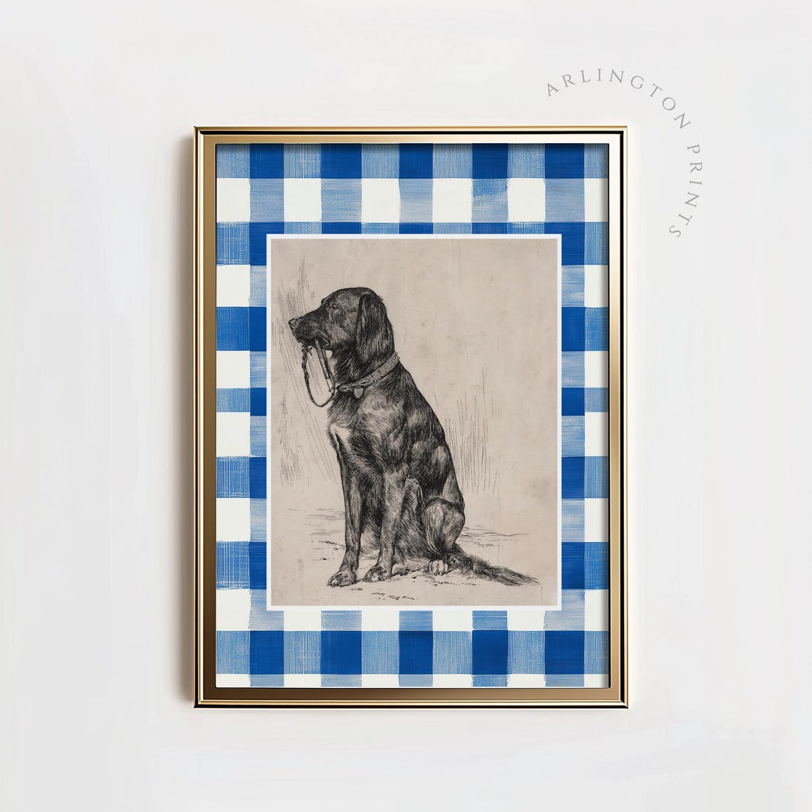 Vintage Dog Engraving Blue Gingham Check Preppy Sporting Art Poster