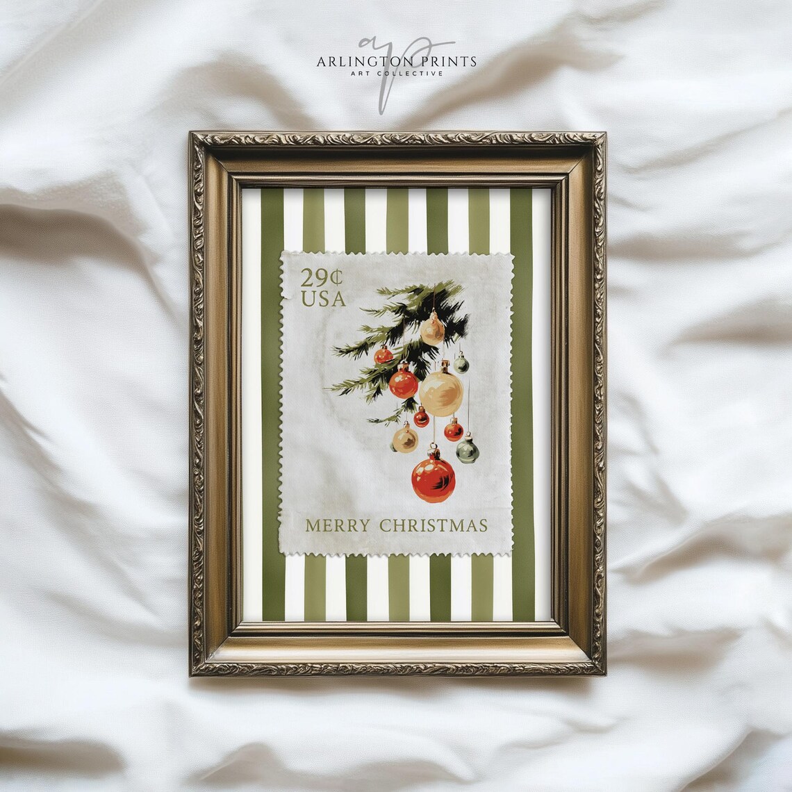 Merry Christmas Vintage Postage Stamp Baubles Holiday Art Print