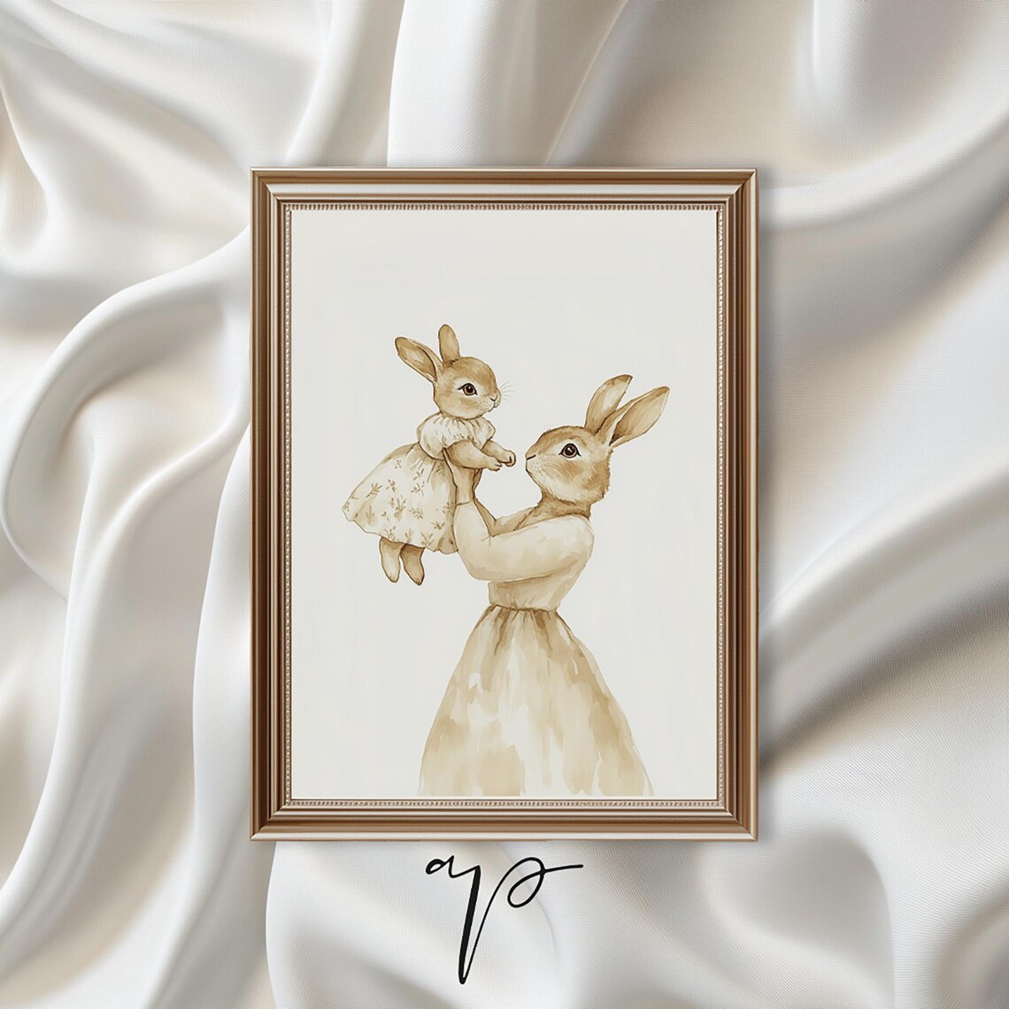 Sweet Mom and Baby Rabbit Whimsical Vintage Nursery Room Poster - Image 4