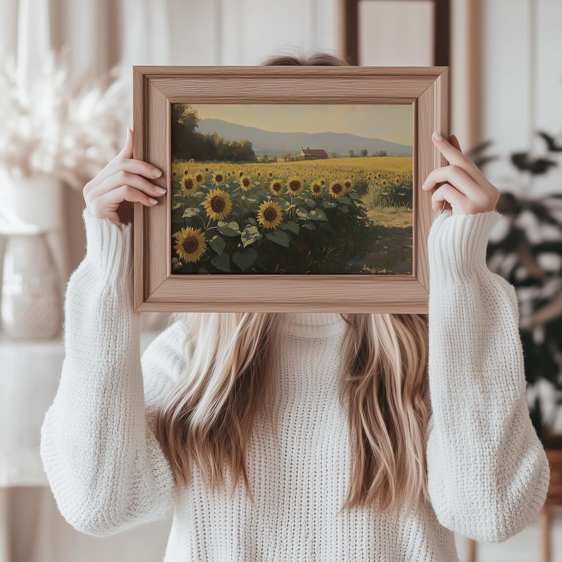 Sunflower Field at Golden Hour with Farmhouse Moody Landscape Print - Image 3