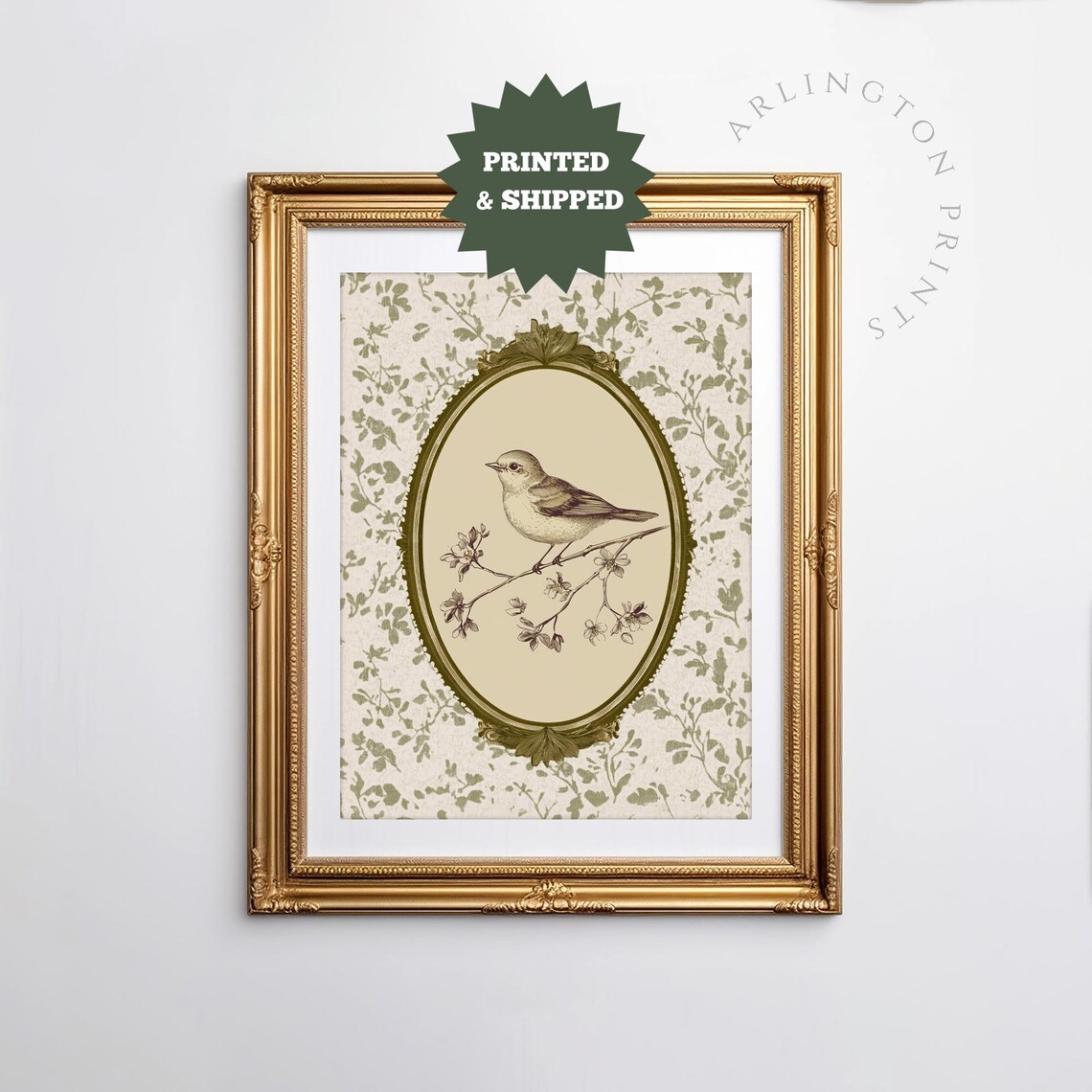 Antique Bird On Blossom Branch Oval Frame Vintage Nursery Art Print