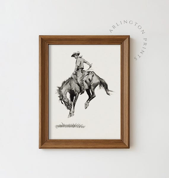 Vintage Cowboy Sketch, Bucking Bronco Rodeo Art