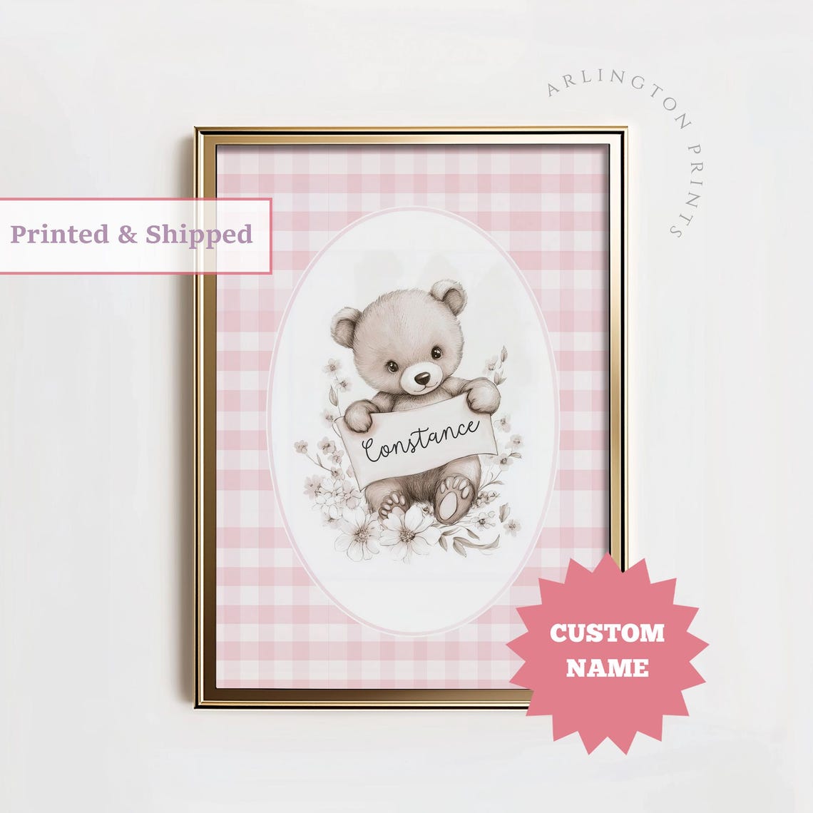 Personalized Teddy Bear Name Banner Pink Gingham Nursery Gift Poster