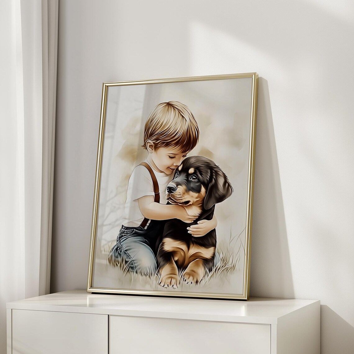Little Boy Hugging Rottweiler Puppy Tender Nursery Painting Poster - Image 5