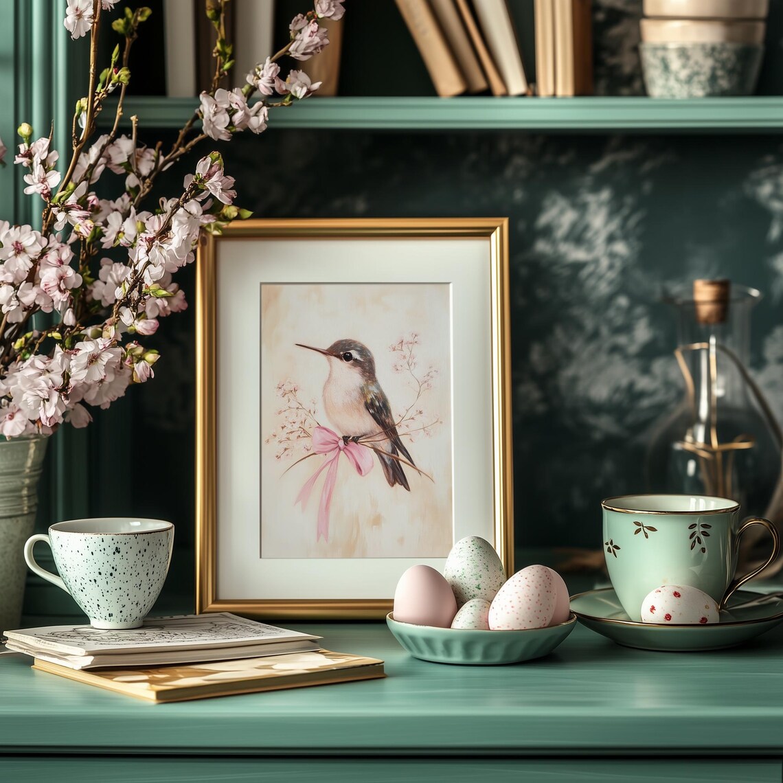 Hummingbird Pink Bow Blossom Branch Vintage Spring Art Poster - Image 3
