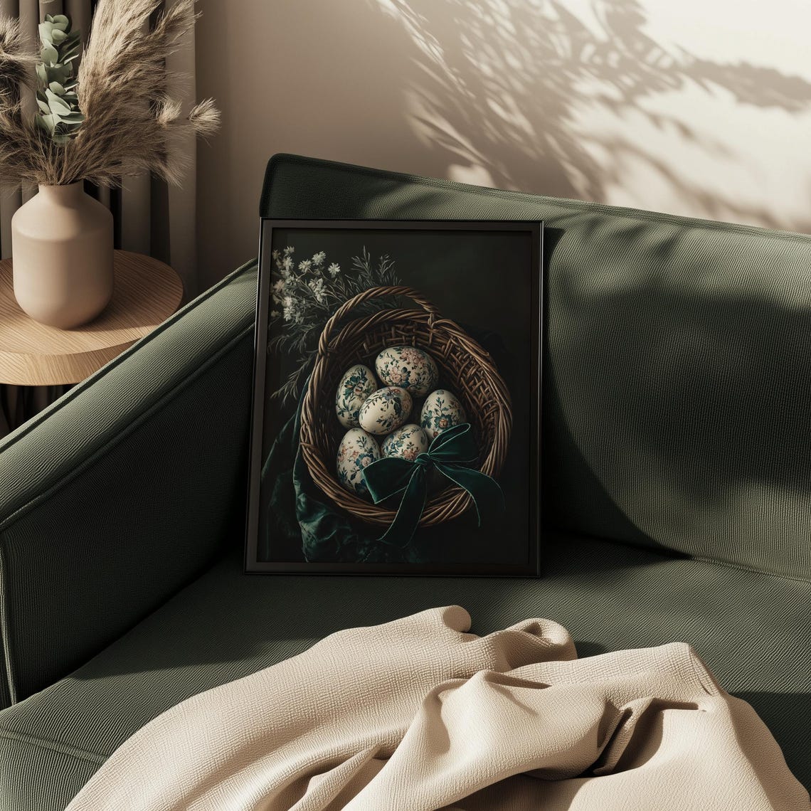 Floral Easter Eggs Basket Velvet Bow Moody Dark Spring Print - Image 3